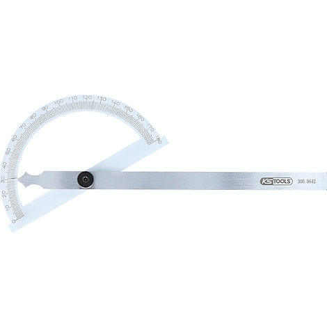 Ein Winkelmesser aus Metall mit weißer, halbkreisförmiger Skala, Skalierung von 0 bis 180 Grad. Darunter ein langer, flacher Arm.